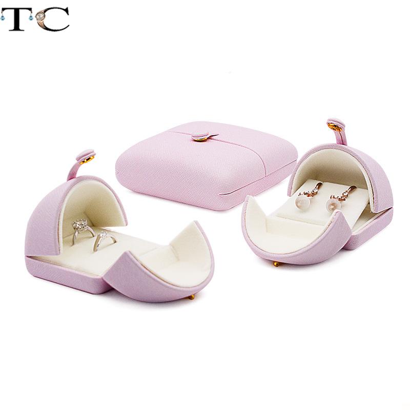 Pink Leather Snap Button Double-Sided Opening Jewelry Packaging Box Proposal Double Ring Box Pearl Necklace Collection Box