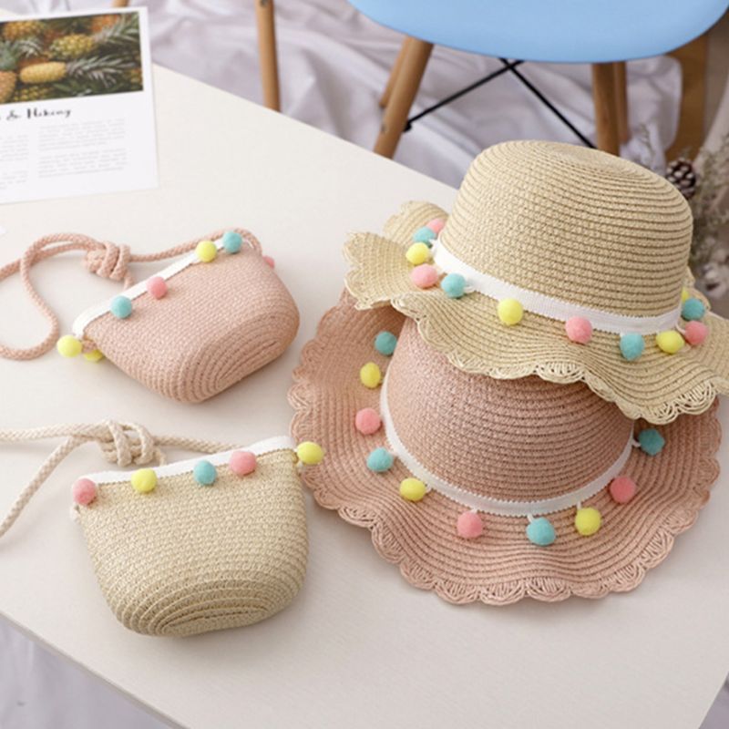 Kids Girls Large Wide Brim Straw Woven Sun Protection Beach Hat Colorful Pompom Ball Summer Floppy Bucket Cap Portable Handbag