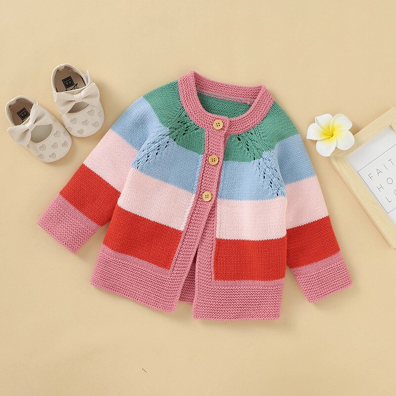 Kleinkind Mädchen Pullover Kleidung Winter Warme Kinder Casual Pullover Baby Mädchen Regenbogen Striped Print Baumwolle Gestrickte Oberbekleidung Kleidung