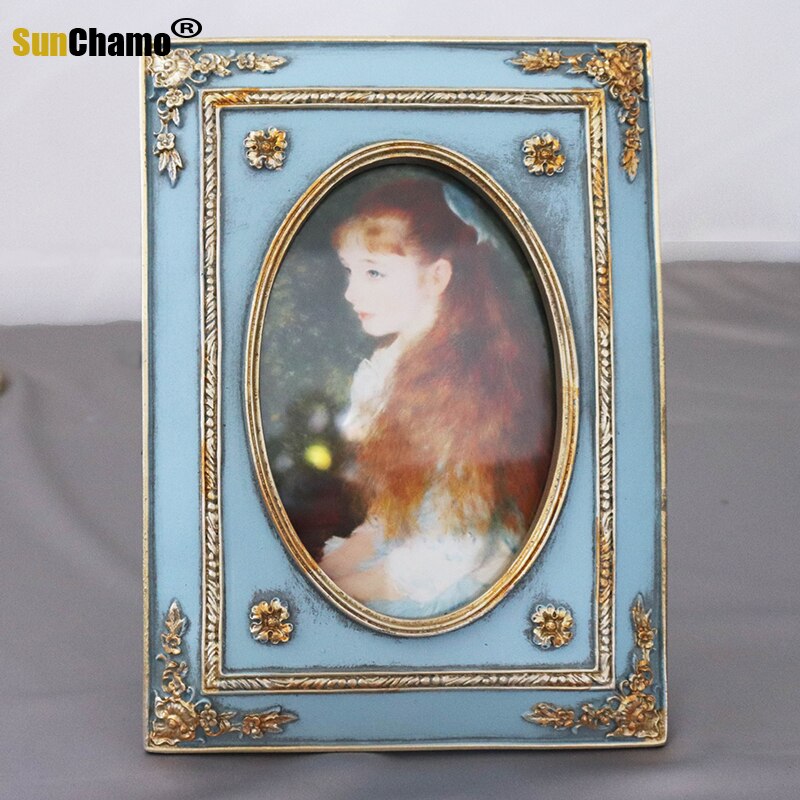 European Style Retro Gold and Blue Carved 6 Square 4 Inch Photo Frame Set Up French Light Luxury Resin Framed Wall Art