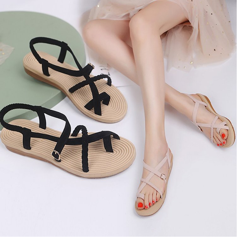 Cross Belt Summer Gladiator Sandals Buckle Sandalia Feminina Women's Beach Sandals Non-Slip On Shoes Lady Black