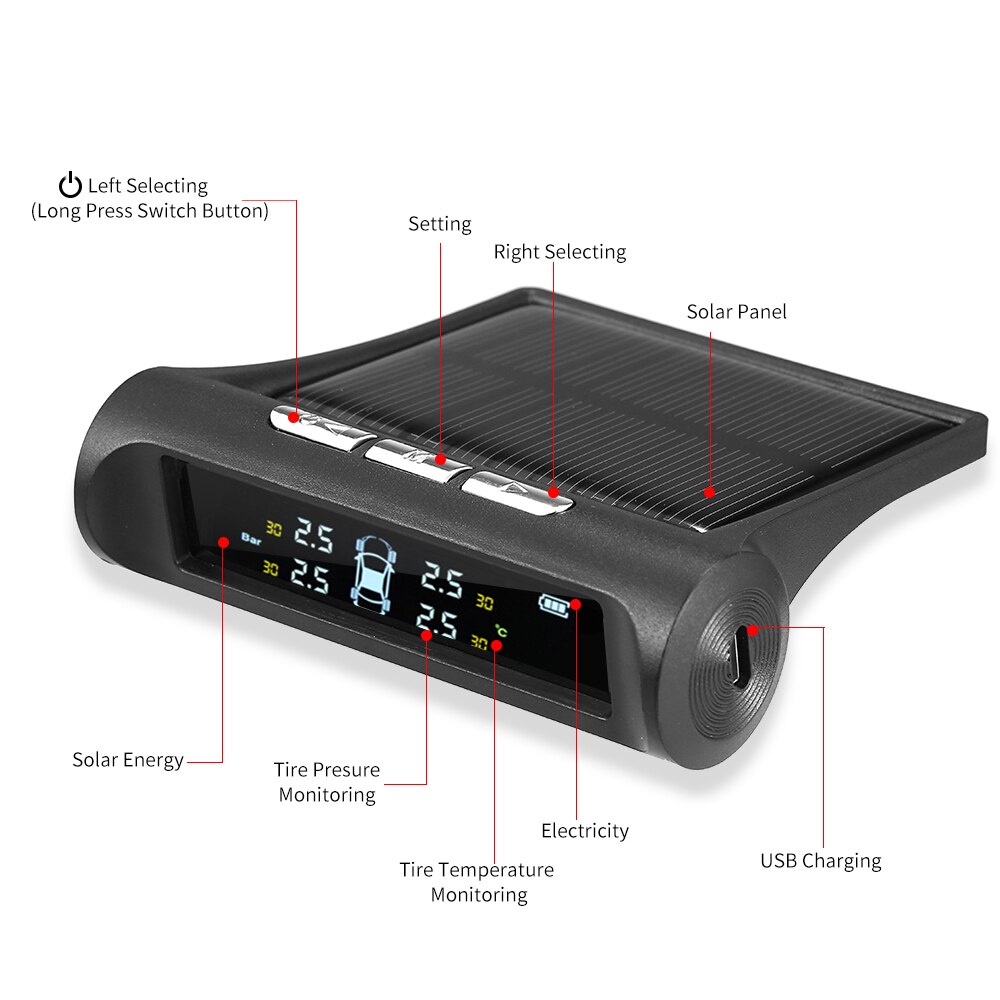 TPMS Car Tire Pressure Alarm Sensor Display Monitoring System Power Charging Temperature Warning with 4 External Sensors