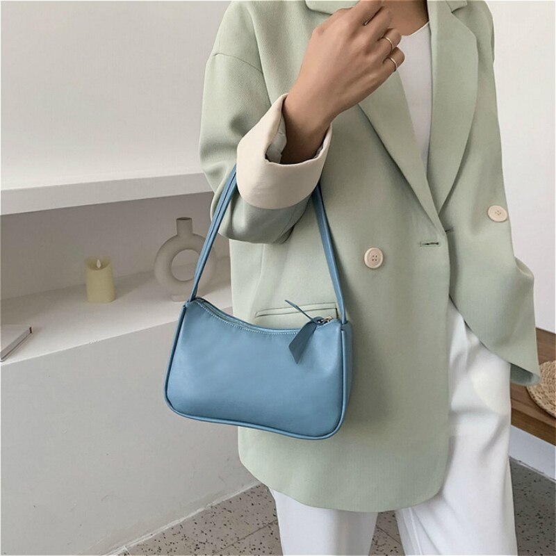 Soft PU Leather Women Purple Underarm Bag Retro Solid Color Ladies Baguette Handbags Girls Small Shoulder Bags