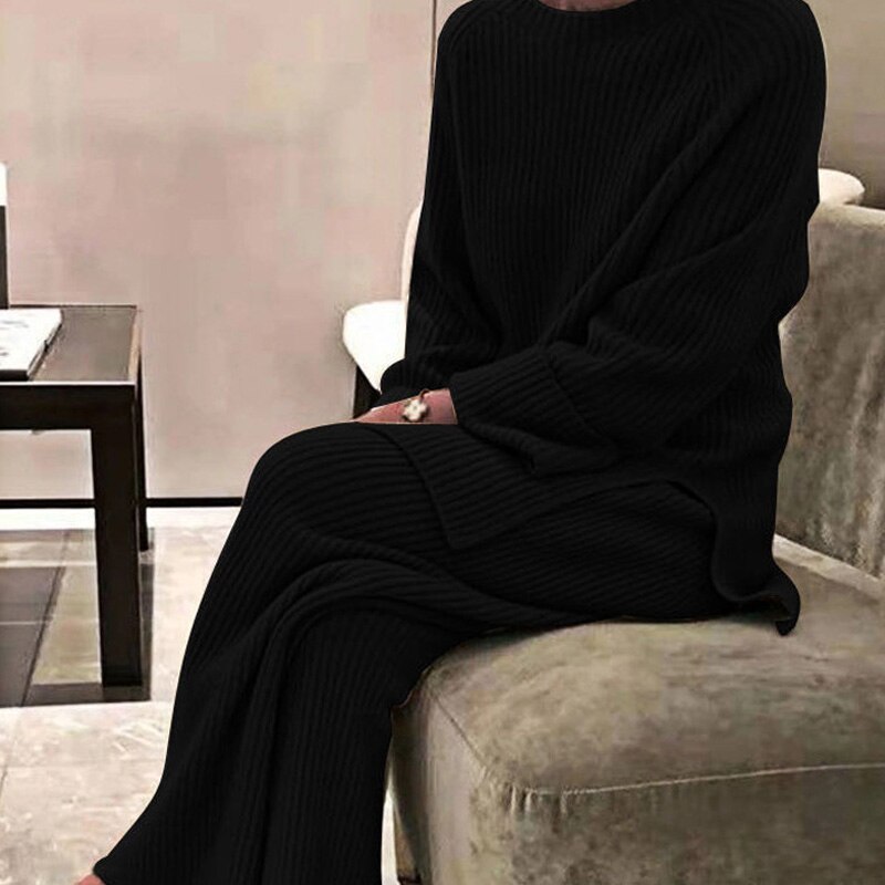 Sweater Suit Round Neck Side Slit Knitted Sweater All-match Drape Wide-leg Pants Trousers Two-piece Suit: 04