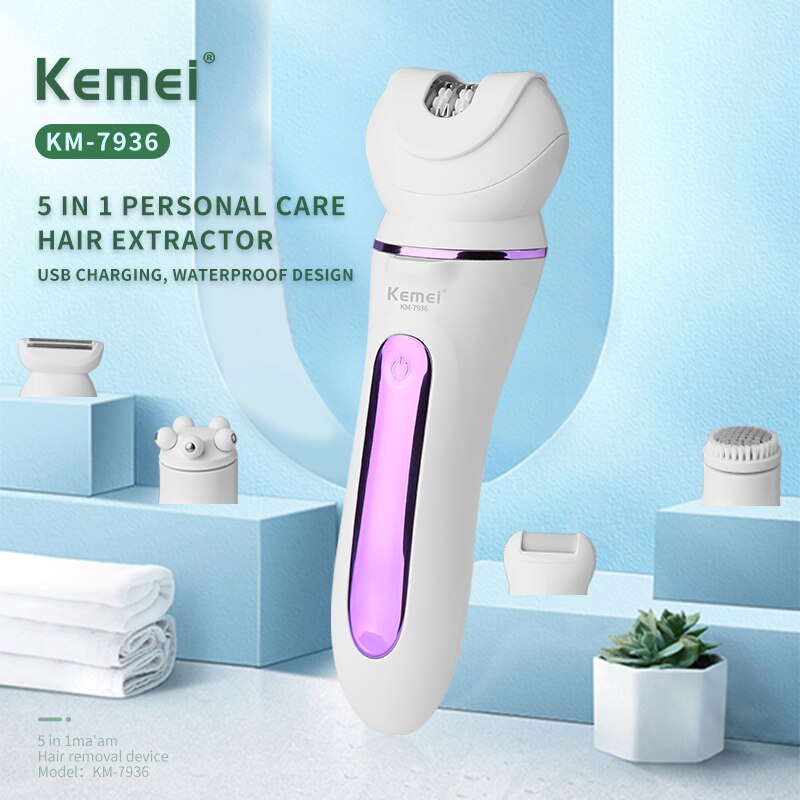 Kemei épilateur électrique 5 en 1 pour femmes Rechargeable pour le visage le corps les sourcils