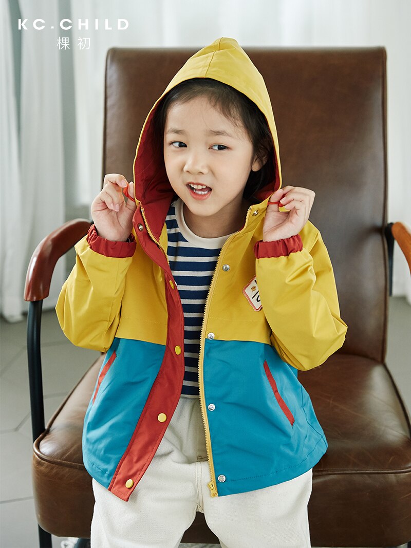 KC.Child Fall Children's Trench Coat Kid's Waterproof Coat Color-block Hooded Rain Jacket Toddler's Trench Windbreaker