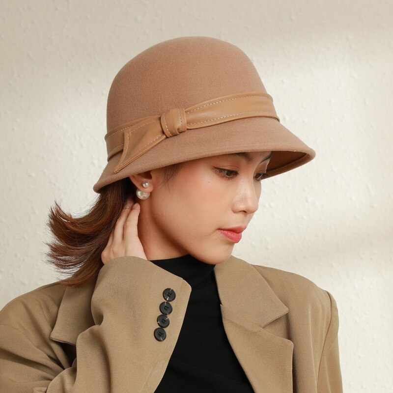 Winter Leather Ribbon 100% Wool Fedora Hats Woman Felt Bucket Hat 55-58cm: camel