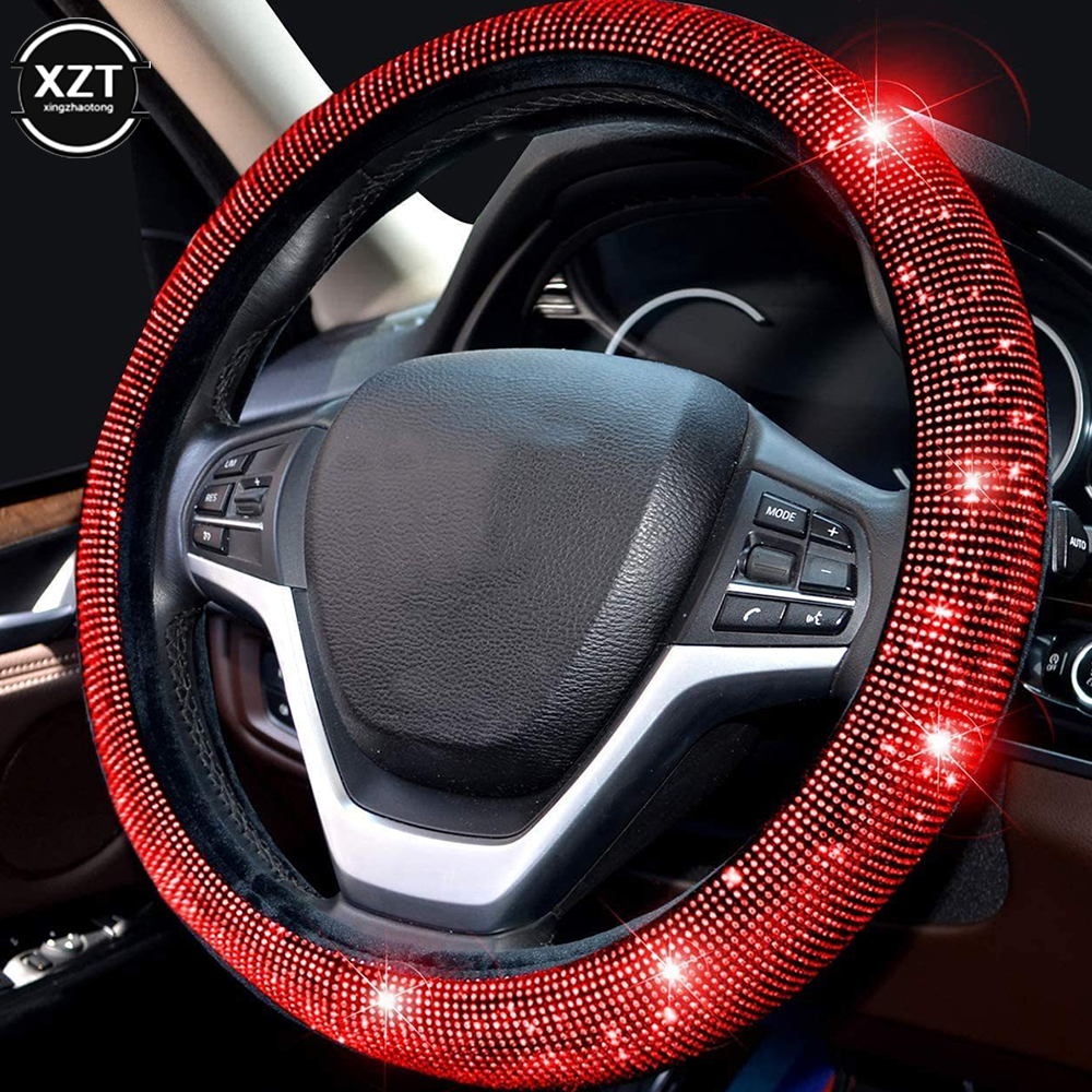14.5-15 Inch Rhinestones Steering Wheel Cover with Crystal Diamond Sparkling Car Breathable Anti-Slip Steering Wheel Protector: Red