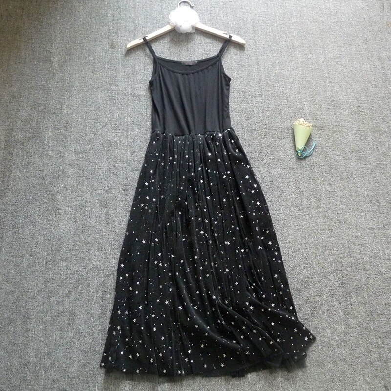 Sequined Five-pointed star yarn mesh lace slip dress modal camisole underskirt vests long sleeveless petticoat midi dress autumn: black straps