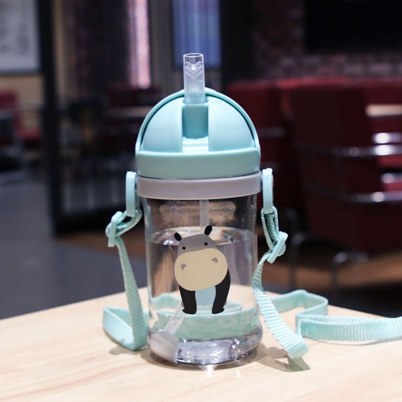 400ml børn børn tegneserie dyreskole drikkevand halm flaske sugerør sippy baby kop med skulderrem: 2