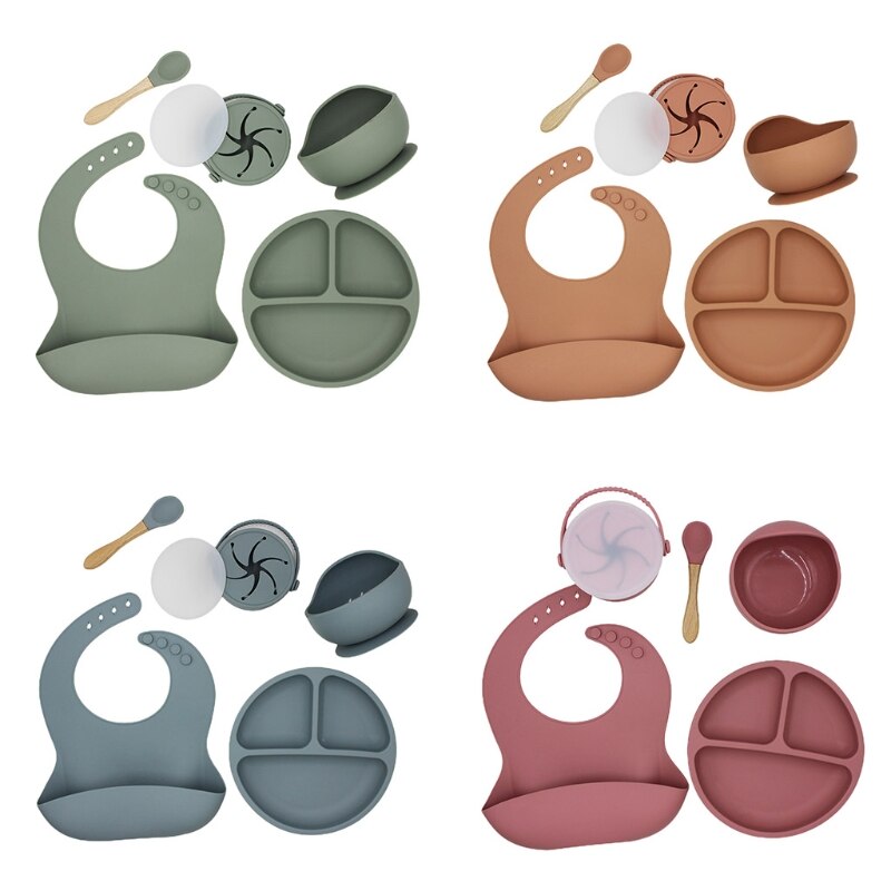 5 Pcs Baby Bibs Drooling Burp Aprons+Suction Dish Bowl+Sucker Dinner Plate+Spoon+Cup Set Silicone Tableware Kit