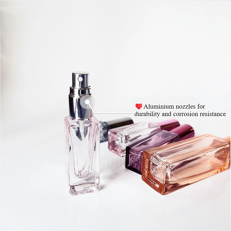 4 Uds 3/5/10/20ml Mini botella de Perfume de vidrio colorida atomizador cuadrado maquillaje portátil botella de Perfume de repuesto de viaje