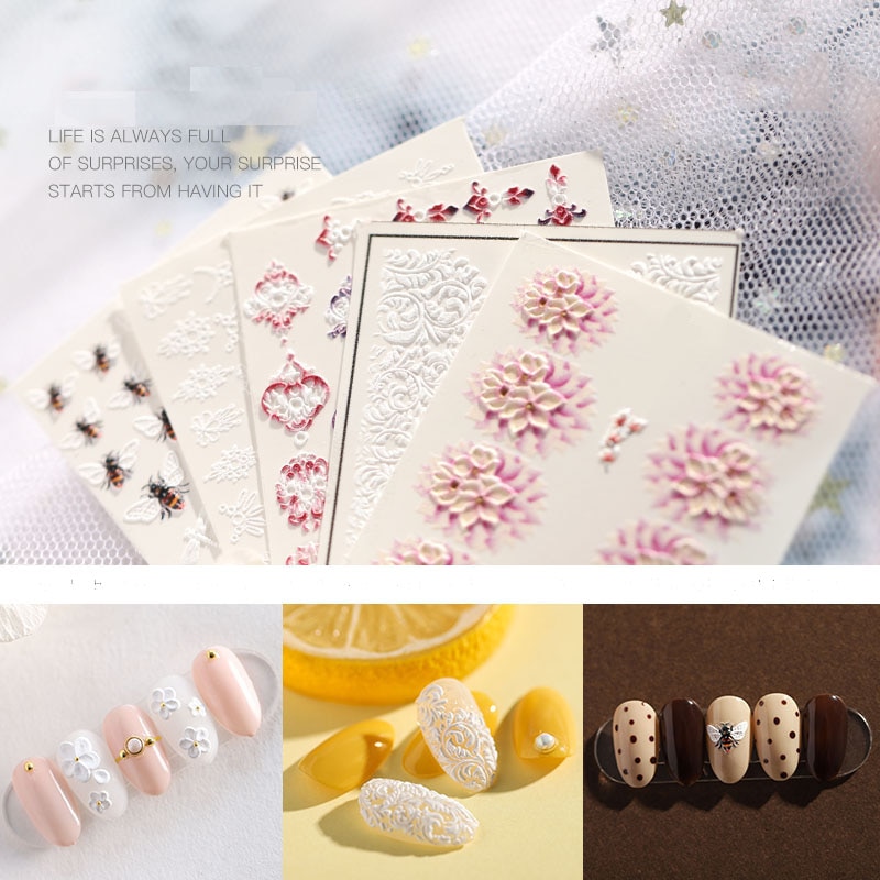 1pc 3d acryl gegraveerde bloemen nagel sticker reliëf wit zwart kant bloem water decals empaistic nagel water slide decalsz 0108