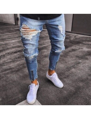 Man Pants Jeans Streetwear Men Jeans Vintage Destroyed Ripped Elastic Zipper Jeans Pants Hip Hop Jeans Men Plus Size