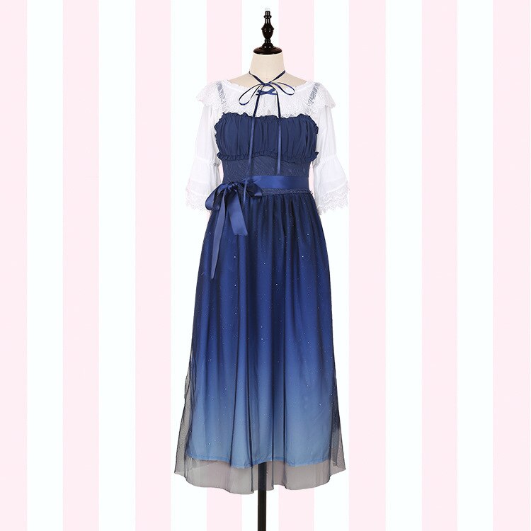 Lolita robe robe japonaise Kawaii femmes ciel étoilé dégradé bleu jarretelle en mousseline de soie robe de fée fille printemps doux Lolita SL2927: long dress shirt / S