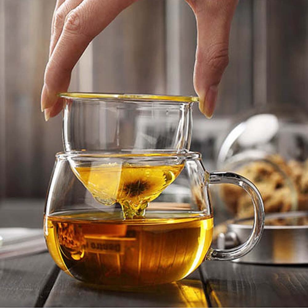 Behogar 12oz Clear Borosilicate Glass Teacup Cups Kettle Mini Teapot with Infuser Basket and Lid for Loose Tea Leaf Brewing