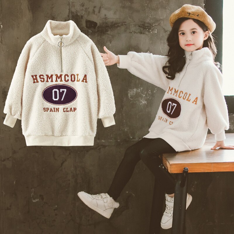 Tonårsbarn fleecetröja höst vinterw tryck dragkedja huvtröja tjock avslappnad sweatshirt för flickor toppar barn 8 y barnkläder: Beige / 4t