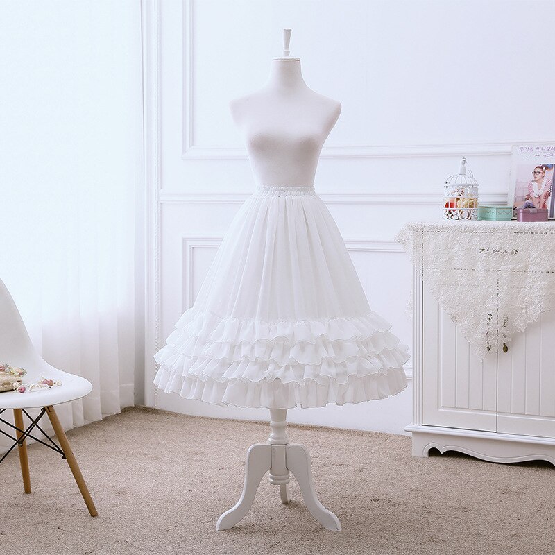 Ruffled Tea Length Lolita Petticoat Adjustable Crinoline Chiffon Underskirt: white