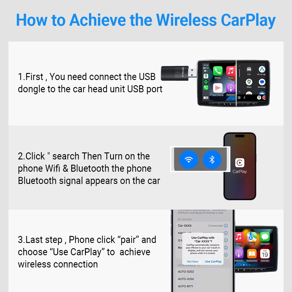 GetPairr Wireless CarPlay Dongle Android Auto Mini Adapter Plug And Play WiFi Fast Connect Universal For Cars with Wired Carplay