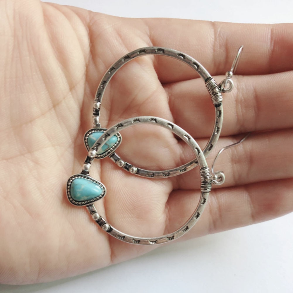 Brinco boêmio vintage longo, para mulheres, joia étnica, azul e turquesa, pedra, brincos femininos