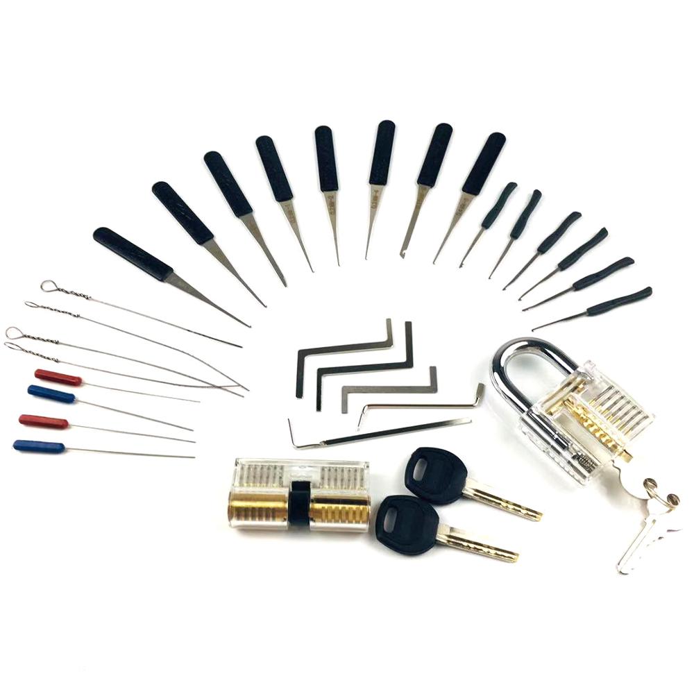 ! 2PCS Transparent Lock with 14pcs Broken Key Extractor Pick Set,2pcs Tension Wrench Tool Locksmith Kit: 5-A