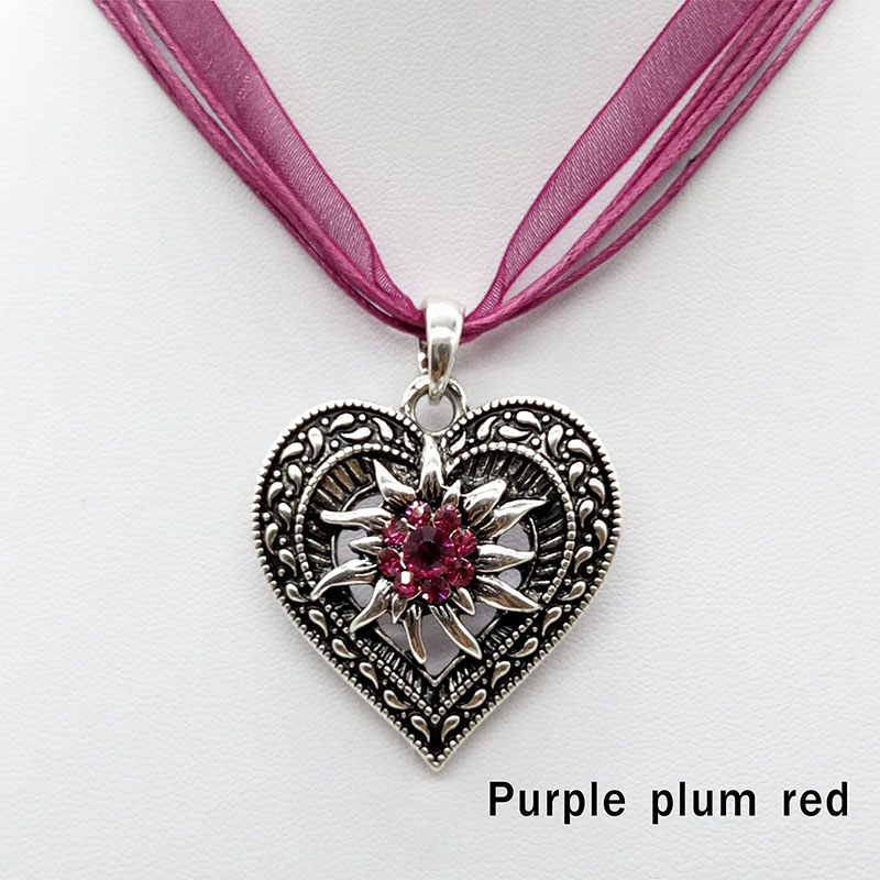 Vintage Carved Heart Edelweiss Flower Pendant Necklace Oktoberfest Beer Maid Costume Necklace Jewelry: purple plum red