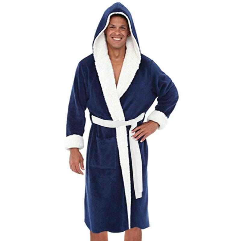 5XL Men Long Robe Night Male Long Sleeve Hooded Bathrobe Towel Soft Lined Lounge Wear Luxury Bath Robe Men: Navy Blue White / XXL