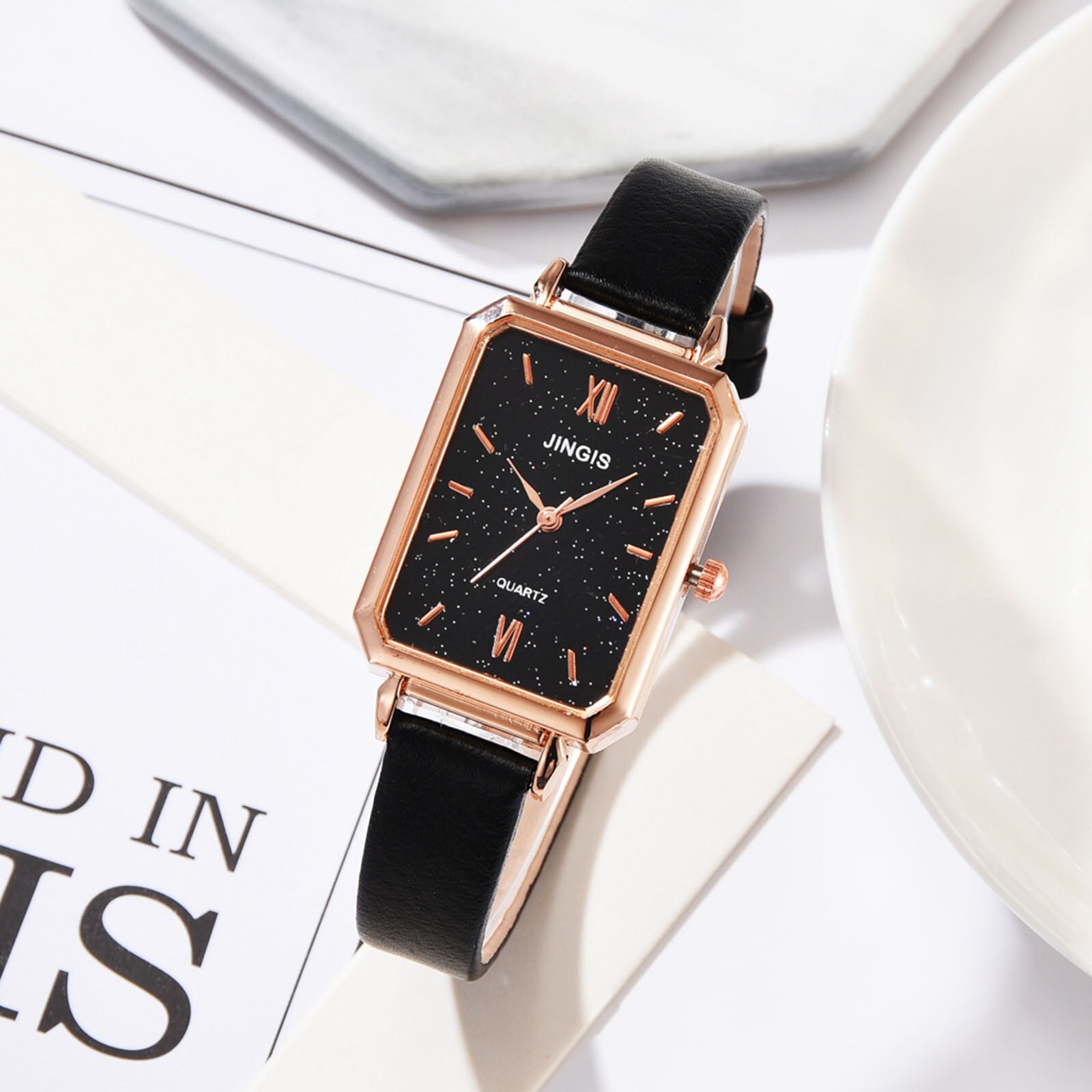 Montre à Quartz rectangulaire pour femmes, décontractée, avec bracelet en cuir, à la , directe: Black