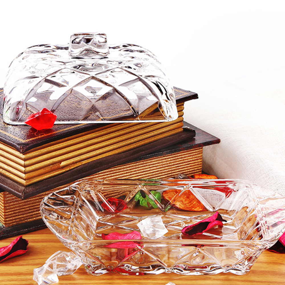 Embossment Glass Butter Box Butter Dish Transparent Tray with Lid Cheese Board Server Storage Container