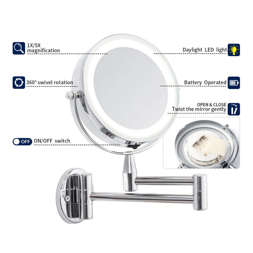 Wall Mounted Adjustable Makeup Mirror Bath Led Mirror 6 Inch 1X/5X Magnification Dual Arm Extend 2-Face Cosmetic Mirror