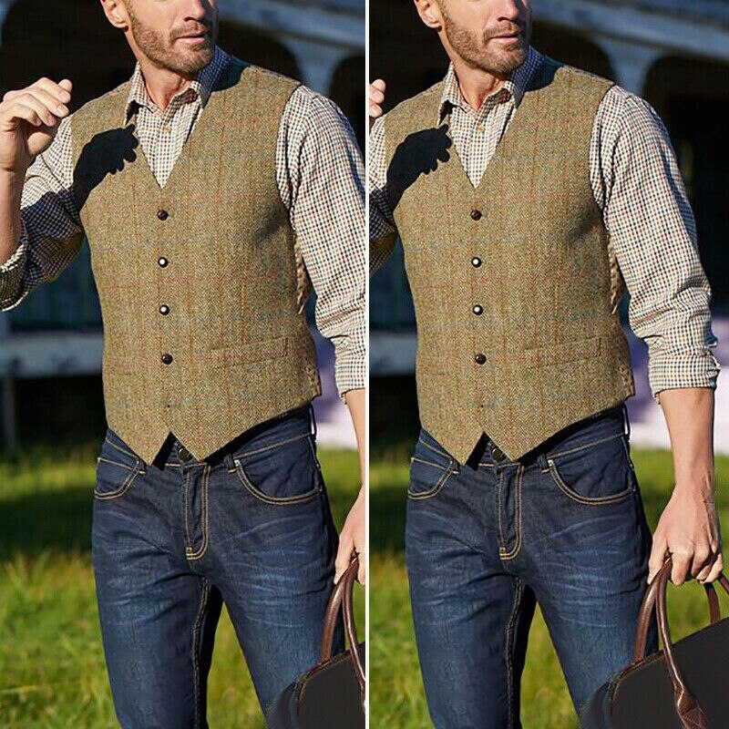 Herr väst toppar casual vintage ull blandning tweed krage retro lapel västar solid färg all-match