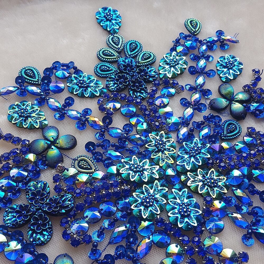 Handgemaakte Kralen Diy Royal Blue Crystal Naai Strass Applique Patches Voor Taille Riem Decoratie Trouwjurk Decoraties