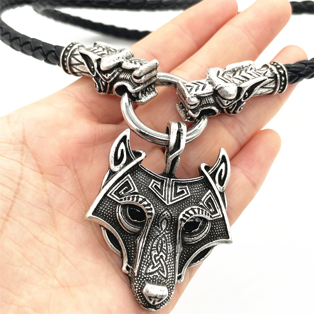 Zwarte Ogen Wolf Hoofd Hanger Viking Wolven Heads Lederen Collier Heidense Wicca Talisman Sieraden