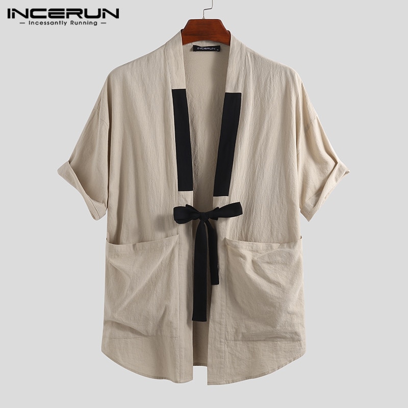 INCERUN Style chinois hommes chemise Kimono coton solide Harajuku poches demi manches hauts Streetwear Vintage hommes chemises décontractées: Khaki Shirt / XXL