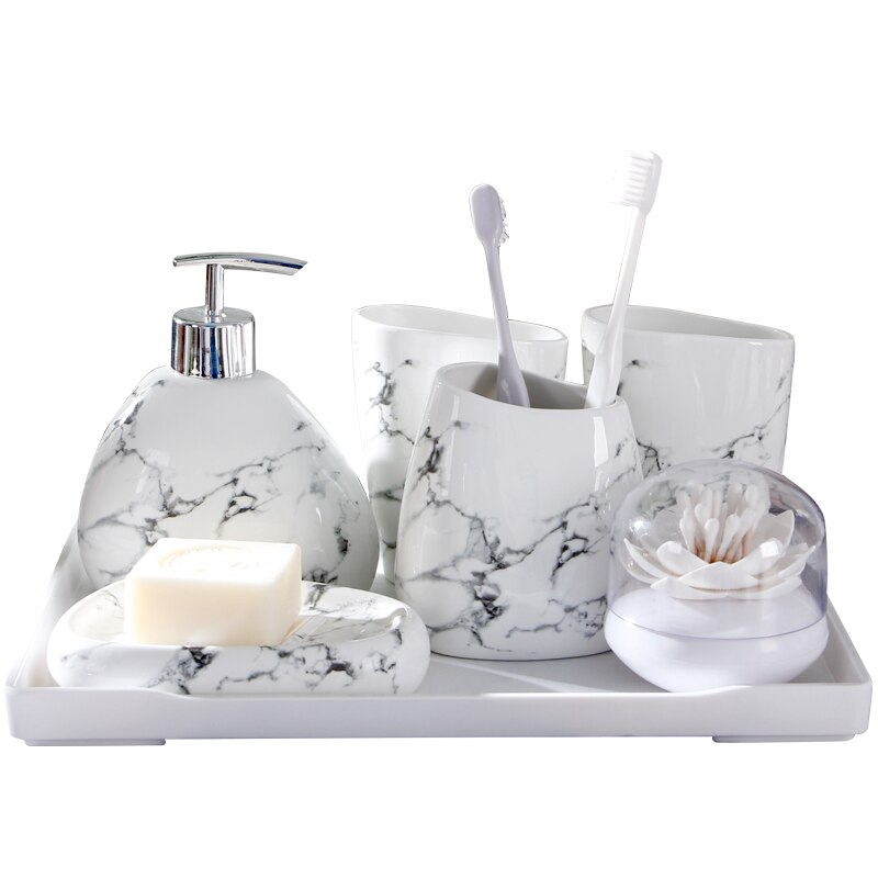 Nordisk marmor tekstur keramisk badeværelsessæt med bakke tandbørsteholder sæbedispenser sæbeskål bomuldspindeboks badeværelse accesso