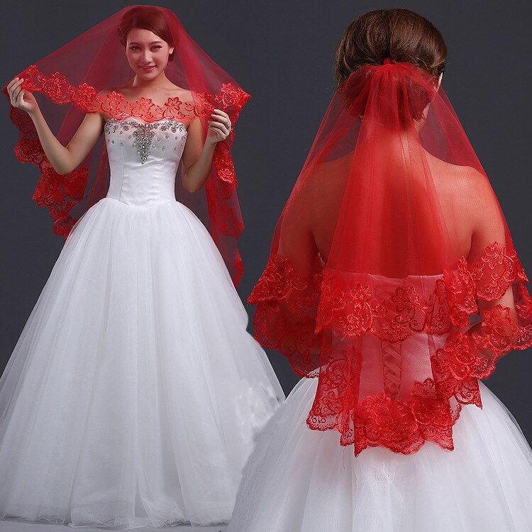 Bridal Red Veil Wedding Lace Embroidered Veil
