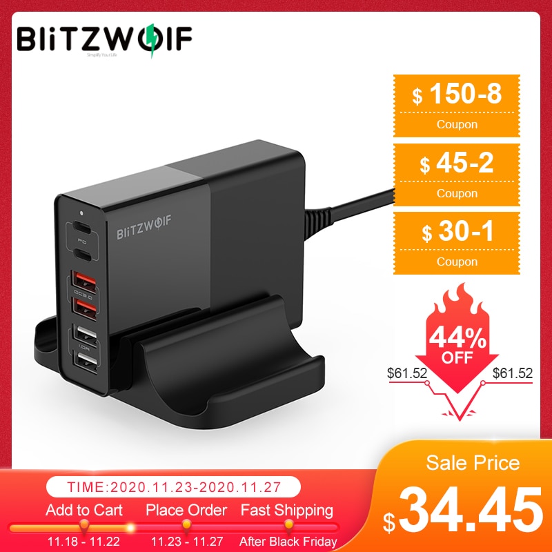 BlitzWolf BW-S16 75W Dual 6 poorten USB PD voor iPhone voor Xiaomi Universele telefoonlader Type C Mobiele USB-kabel Telefoons Snel opladen Accessoires Opladen QC 3.0 Ondersteuning mobiele telefoon accessoires usb char