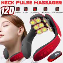 Neck Massager 12 Heads Electric Cervical Massage Pulse Magnetic Therapy Compress Neck Protector 15 Gears WIth Remote Control