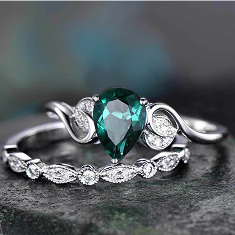 Conjunto de 2 anillos para mujer, anillos de cristal de circonita verde para mujer, anillo de compromiso con forma de agua, joyería de aniversario de europea: 8