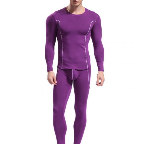 Men Stripe Pattern Long Sleeve Thermal Underwear Slim Top Pants Sets for Men Winter Clothing Men: purple / L