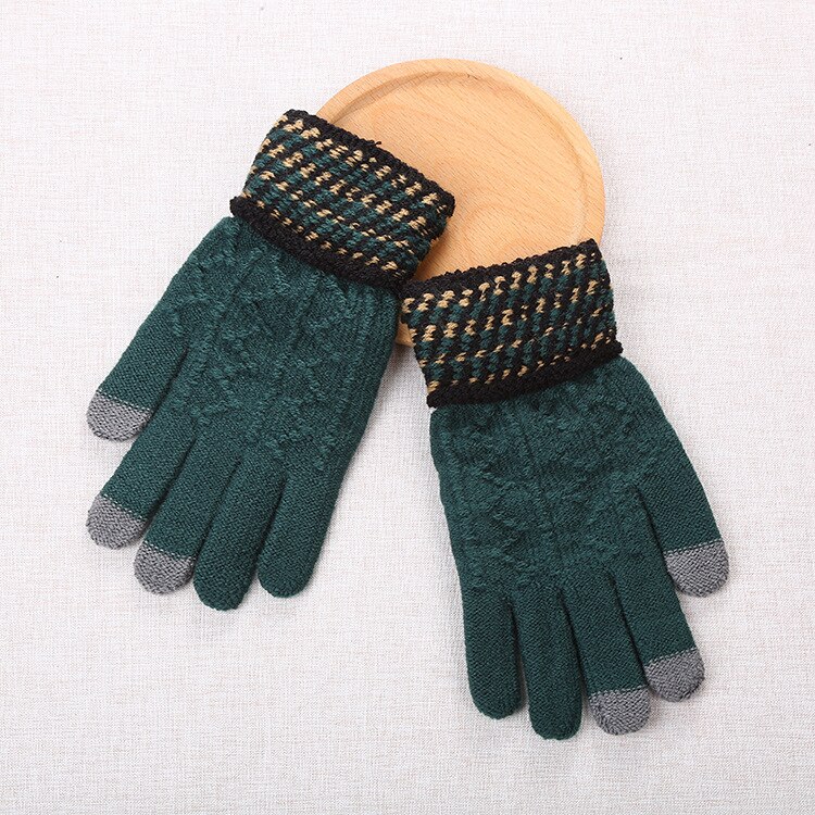 Winter Gloves Men Knitting Touch Screen Thicker Keep Warm Mens Mittens Males Patchwork Glove Simple Chic: green