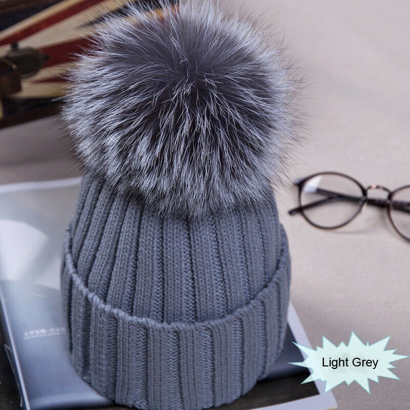 Kvinner pels pom pom ball strikk vinter varm hekle posete boble lue lue beret ski lokk varm: Grå