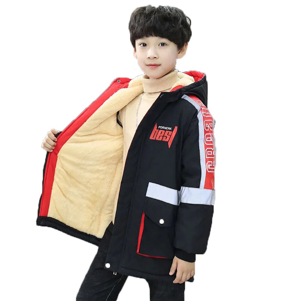 Polyester Winter Jacke Für Jungen Neue Plus Samt Verdickung warm Halten Winddicht Mit Kapuze Kragen Spleißen freundlicher Kleidung