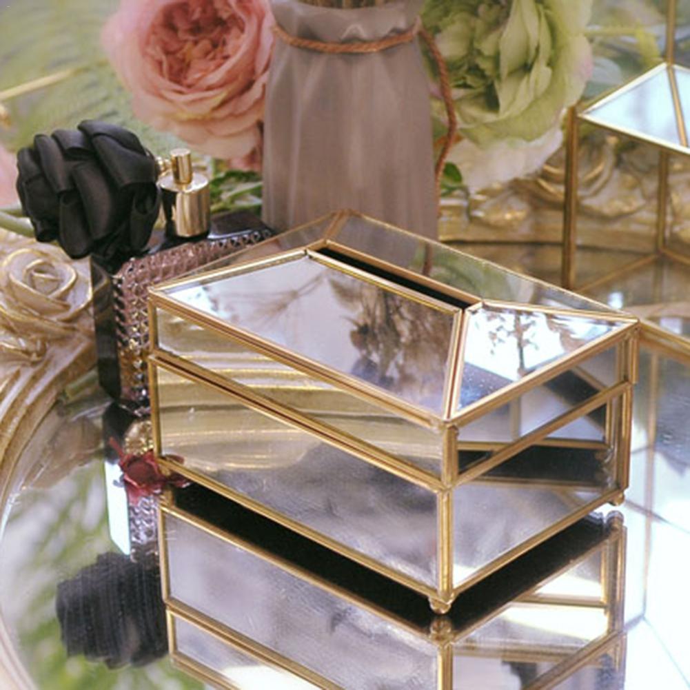 European Gold Glass Luxury Tissue Box Home Living Room Makeup Tissue Storage Box With Mirror Cover Napkin Holder Box