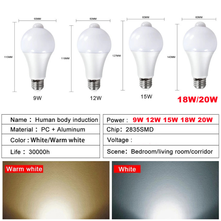 20W 18W 15W 12W 9W Lampada LED E27 bombilla de detección de movimiento 85-265V lámpara inteligente de detección infrarroja que funciona en la noche AC 220V