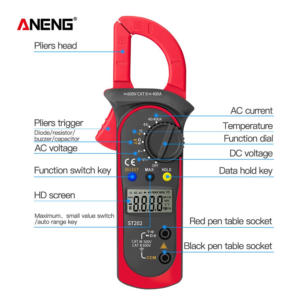 ANENG ST202 Digital Clamp Multimeter Resistance Ohm Transistor Testers AC/DC Current Voltmeter Lcr Clamp Meter with Temperature