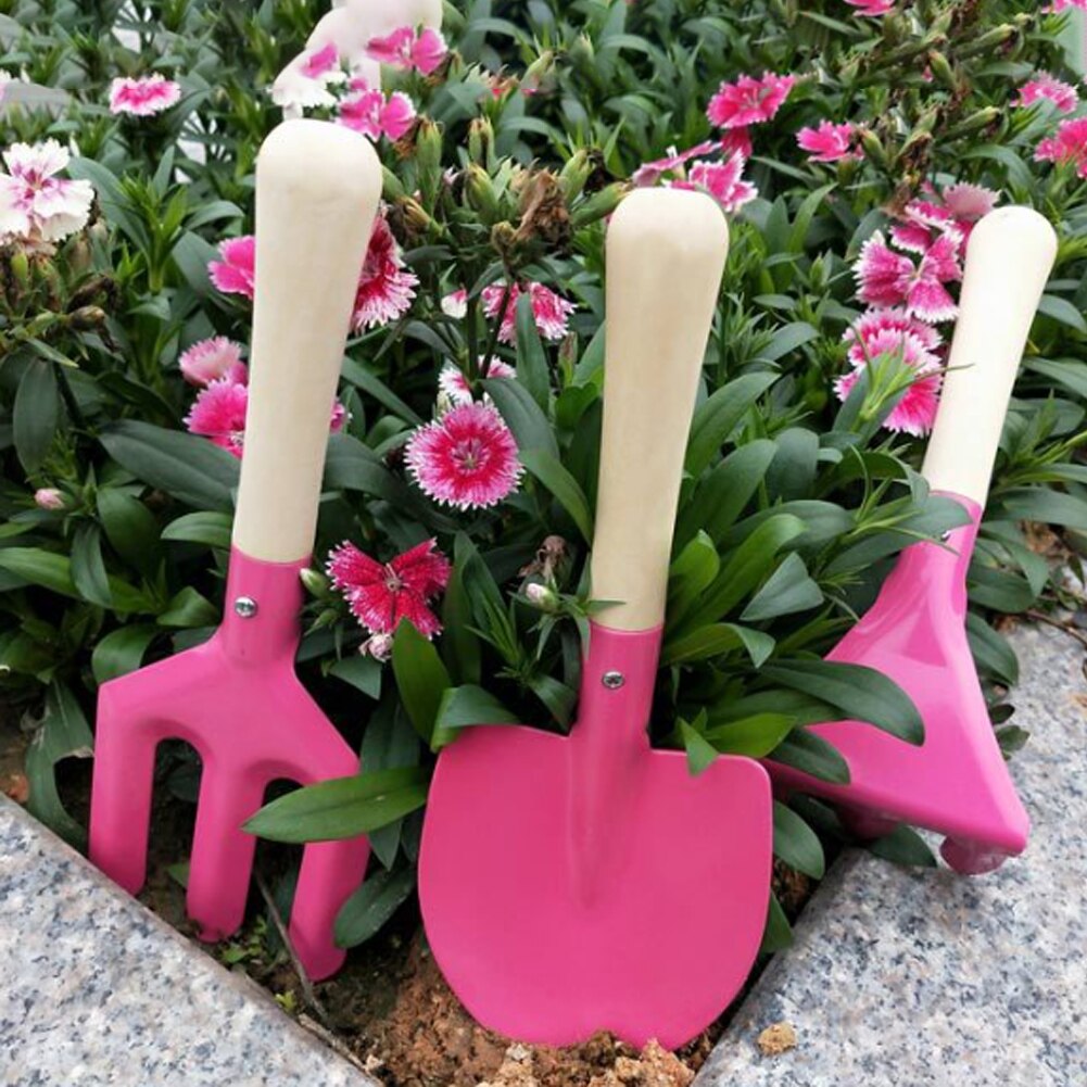 3 st trädgårdsredskap barn säkert trähandtag gräva barn strand spade kratta hushållskruka blommor liten spade kratta
