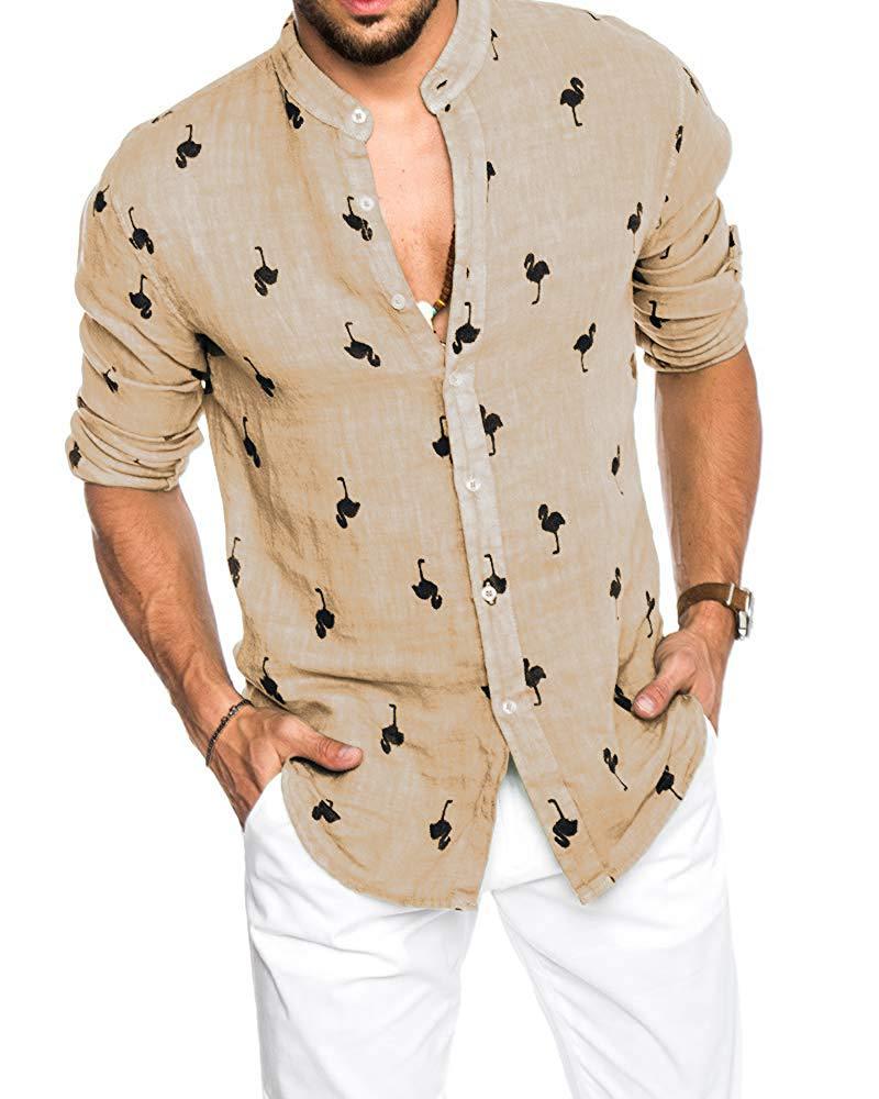 Chemise manches longues col montant homme, décontracté, Slim,