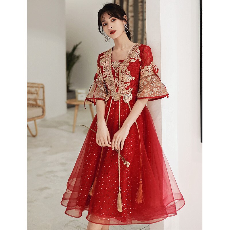 Vintage vermelho nupcial bordado querida rendas até vestidos de noite estilo chinês vestido de casamento das mulheres orientais qipao