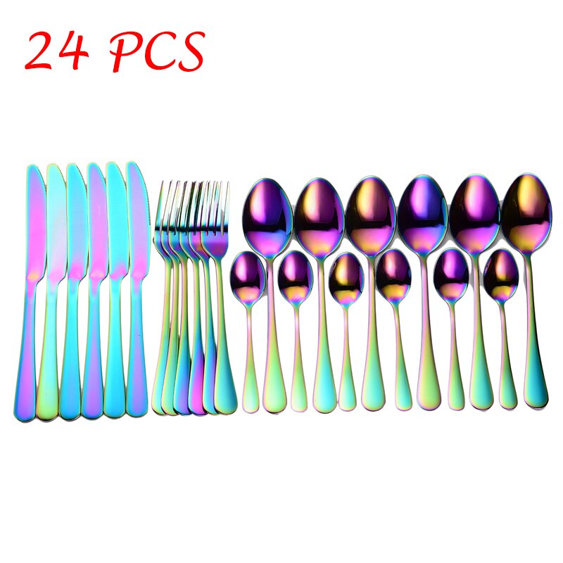 24Pcs Roestvrij Stalen Bestek Set Rose Gold Rainbow Zwart Bestek Set Keuken Mes Vork Lepel Servies Set Servies Set